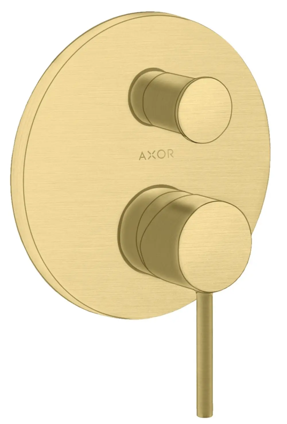 Wannenmischer von AXOR in Brushed Brass, bestehend aus zwei runden Griffen und einem integrierten Auslauf, montiert auf einer runden Wandplatte.